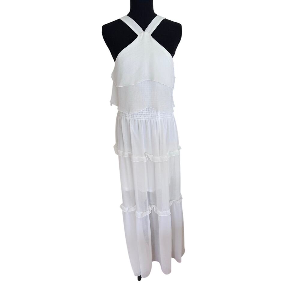 Kendall & Kylie White Maxi Dress Smocked Waist Tiered Ruffle Bridal Boho S